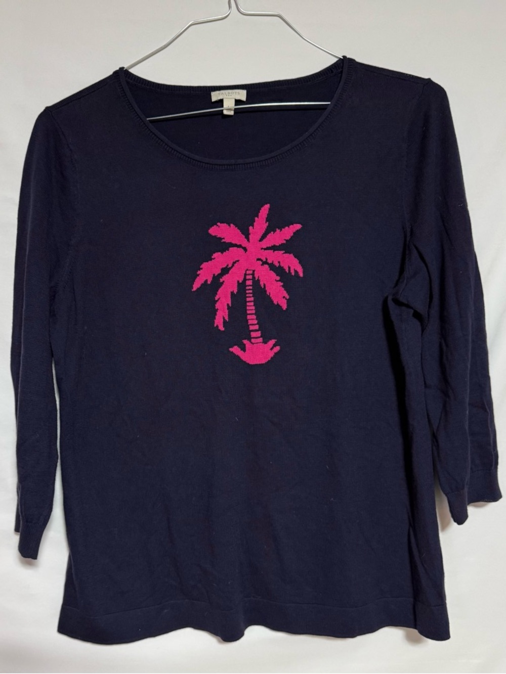 Talbots Women's Navy Blue Pink Palm 3/4 Sleeve Sleeve Sweater, Sz L